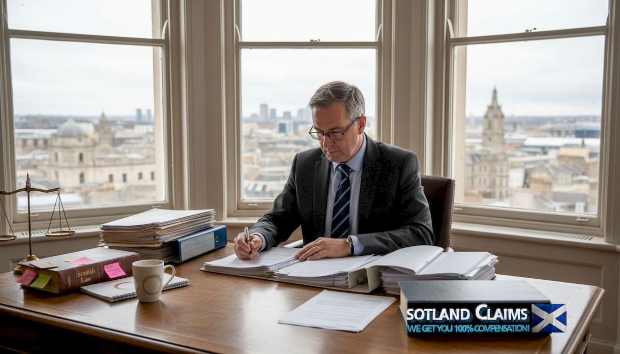 Solicitor reviewing legal case documents in office