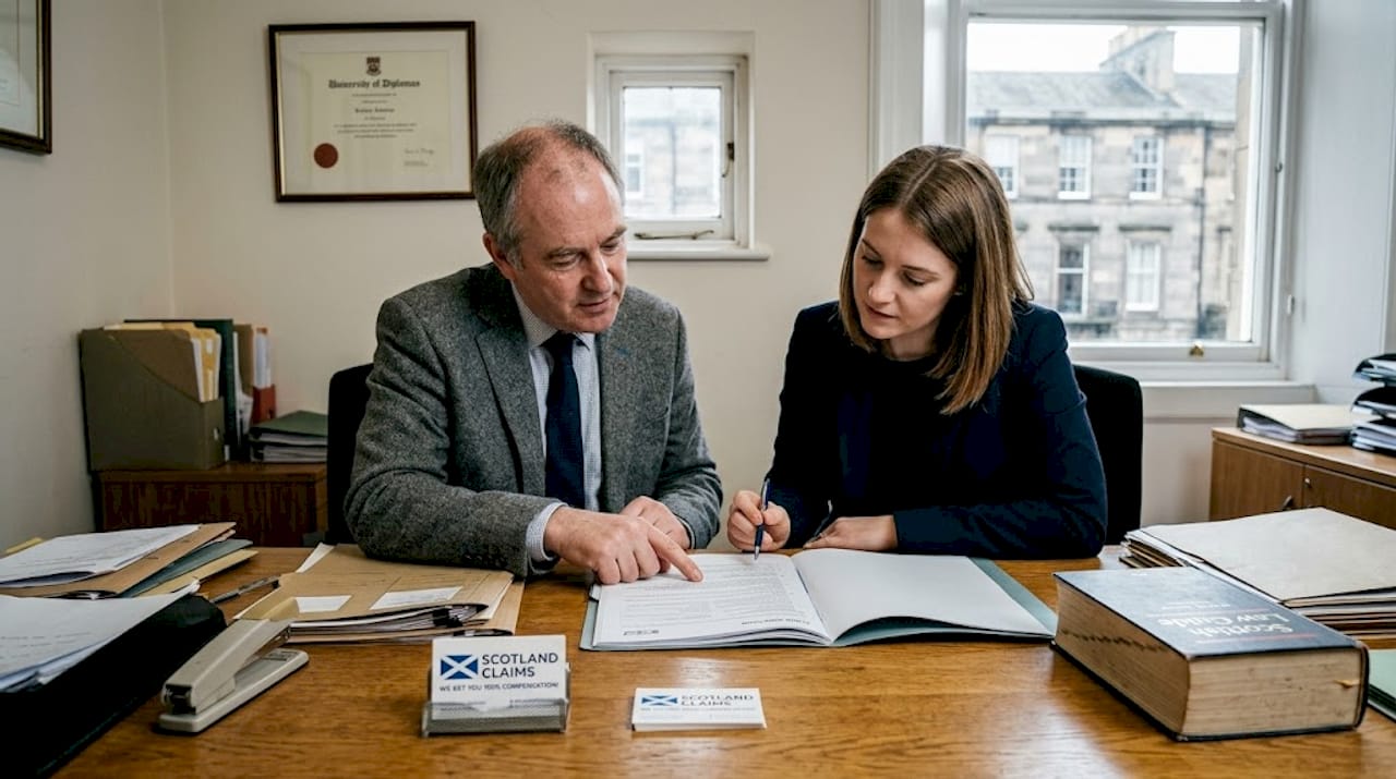 Solicitors reviewing legal claim in office