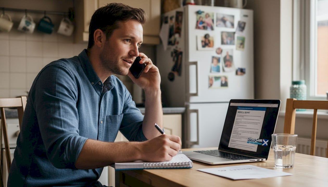Man consulting about compensation at home table