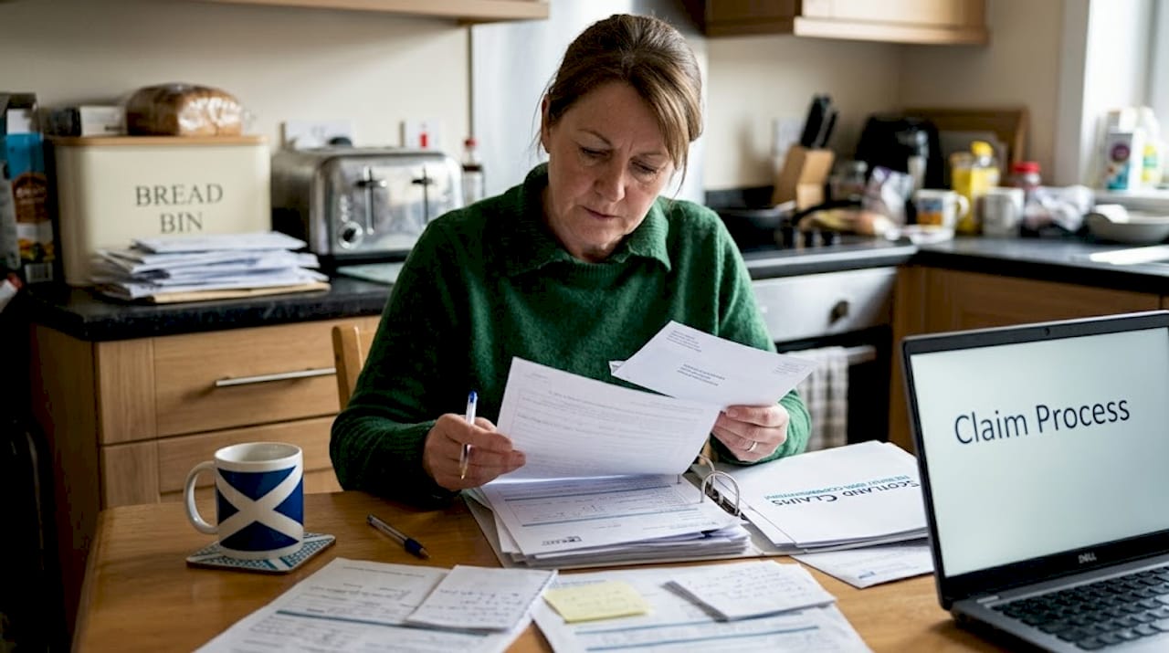 Woman reviewing injury claim paperwork in kitchen