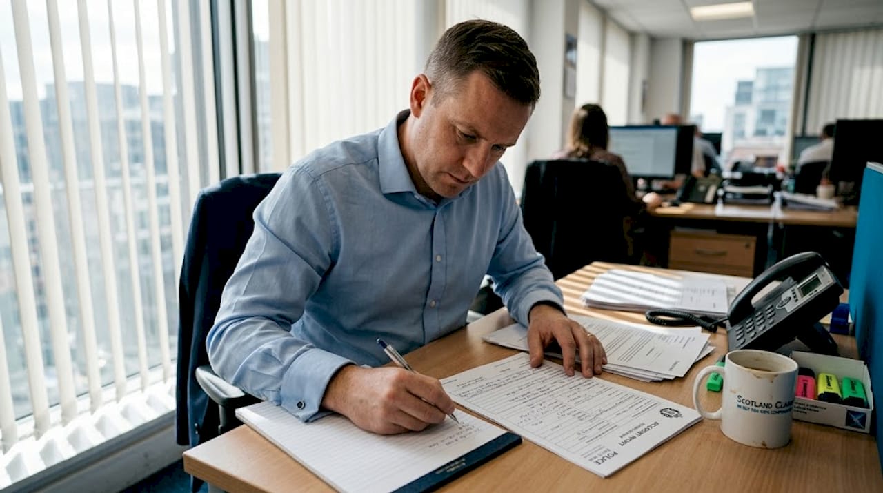 Insurance assistant reviews traffic accident paperwork