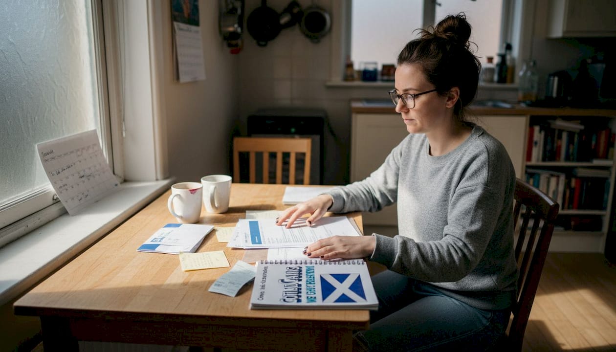 Woman reviews injury claim evidence at kitchen table