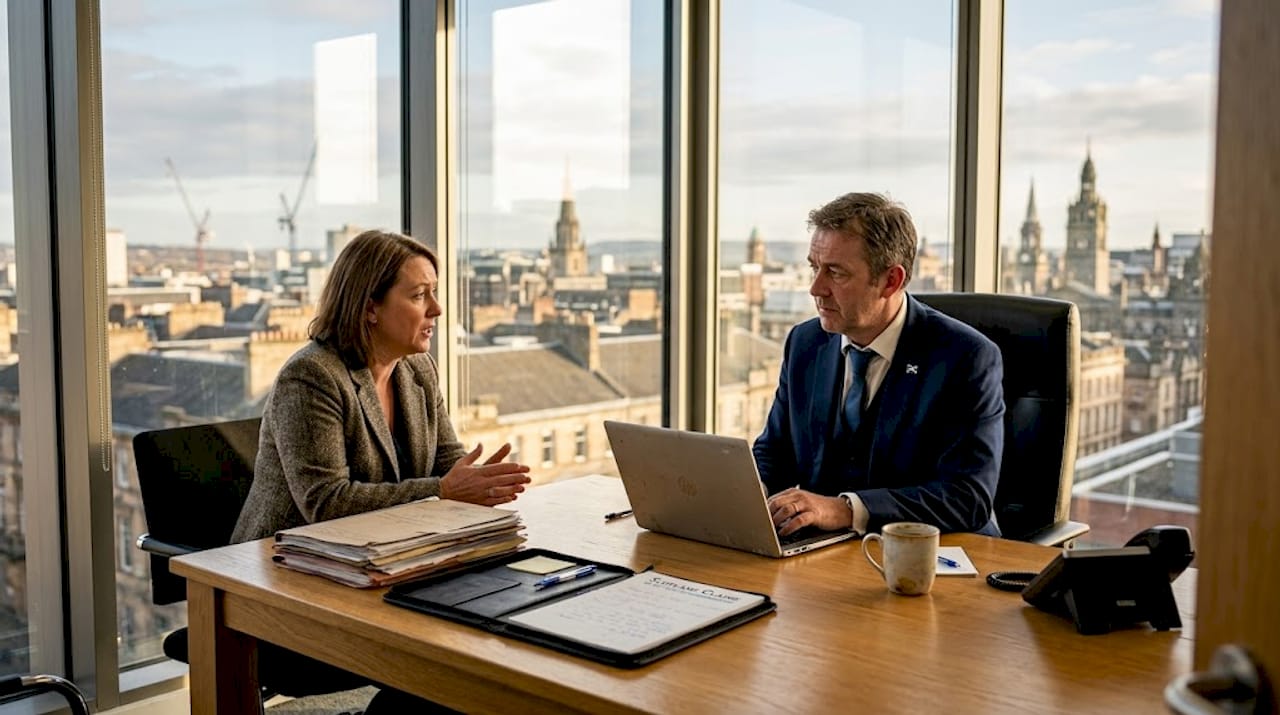 Solicitor consulting with client in office