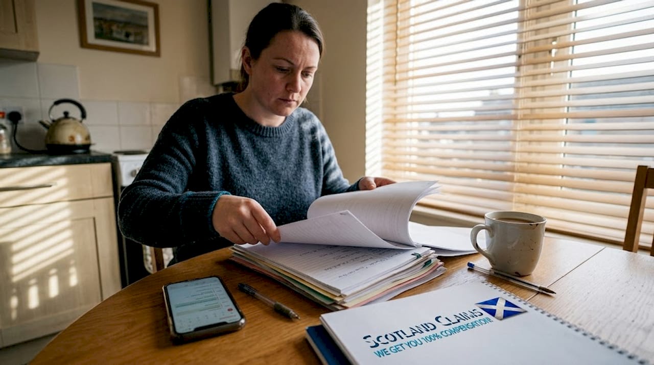 Client organizing documents at kitchen table