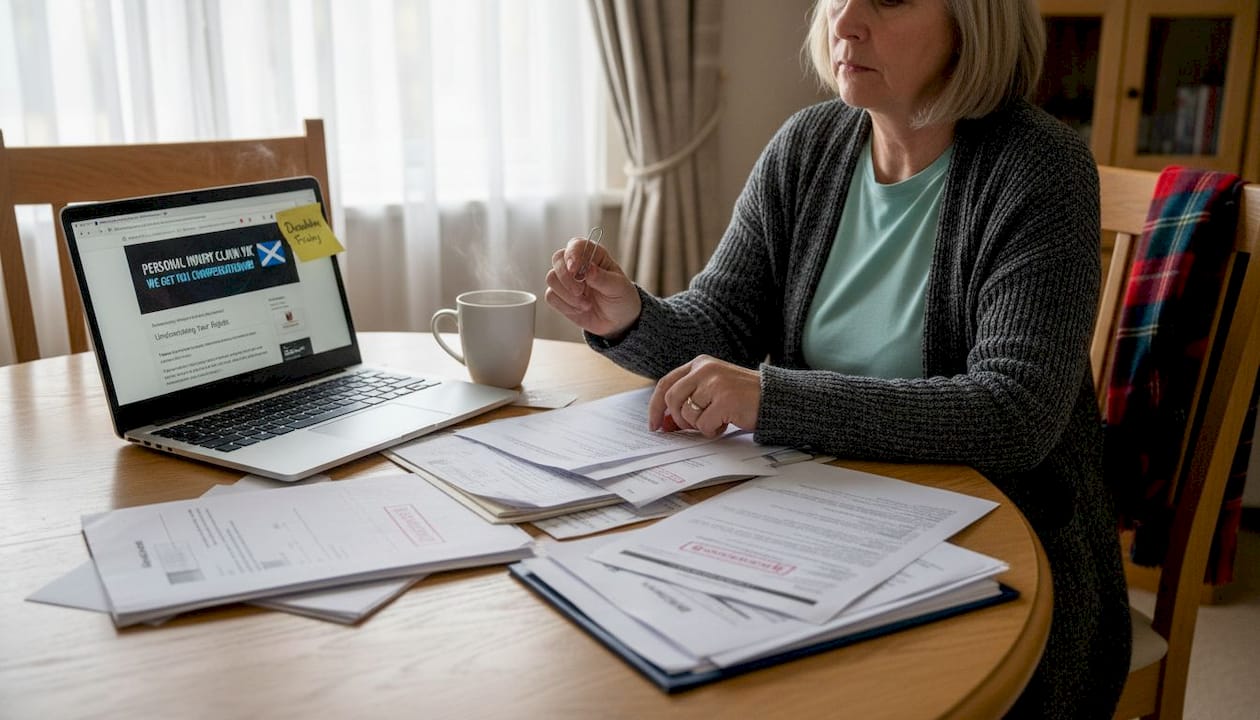 Woman organizing claim documents at home