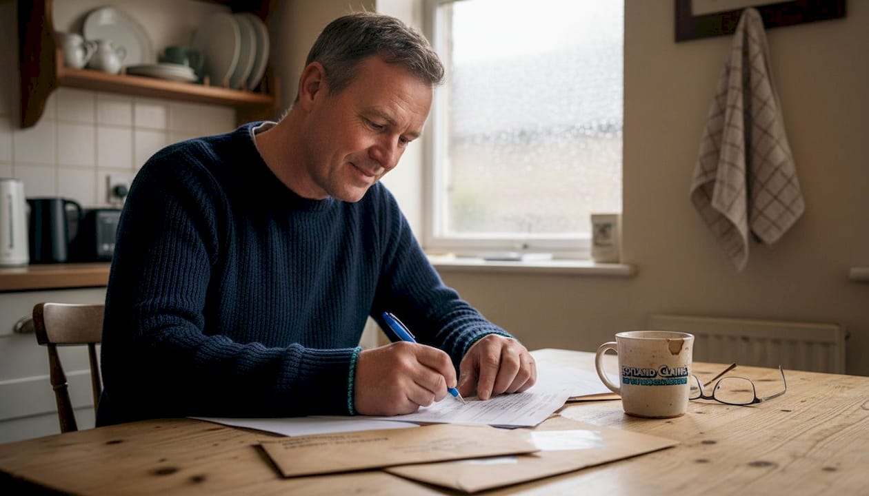 Person filling out claim forms at kitchen table