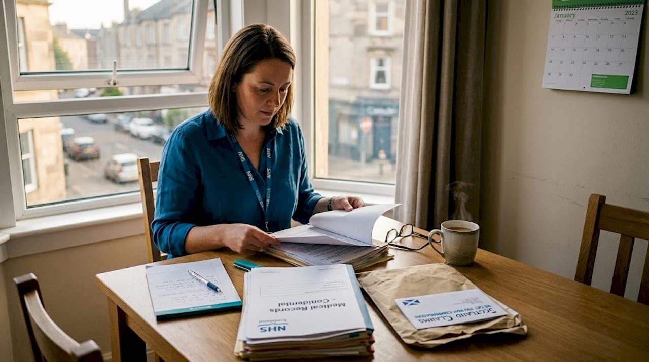 Woman reviews injury paperwork at dining table
