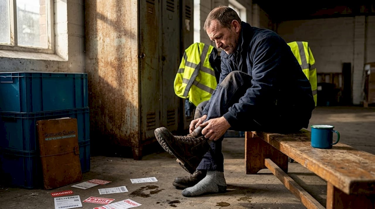 Lorry driver checks foot in warehouse
