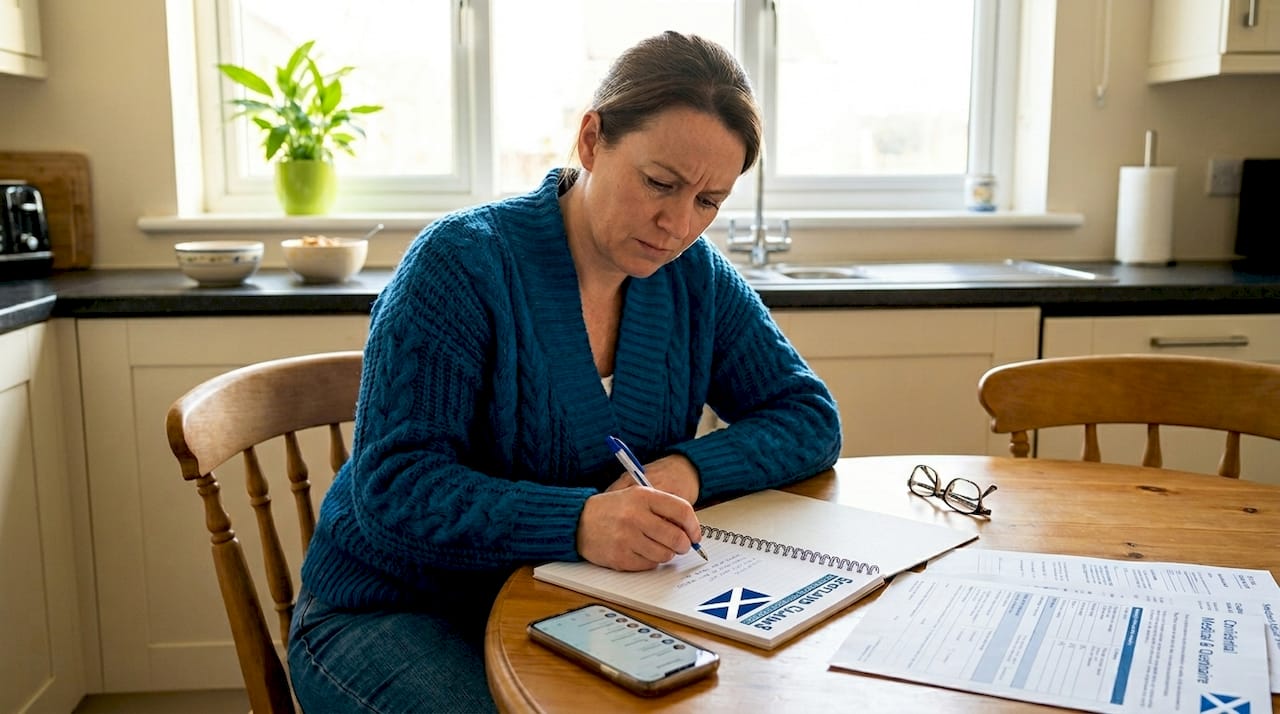 Woman writes questions for legal callback at kitchen table