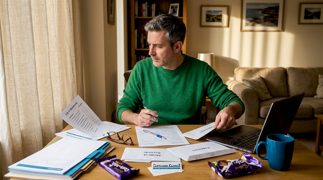 Man organizing injury claim paperwork at home desk