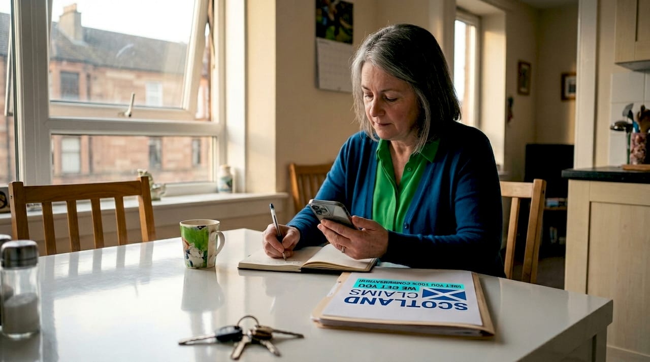 Woman requesting callback for injury claim at kitchen table
