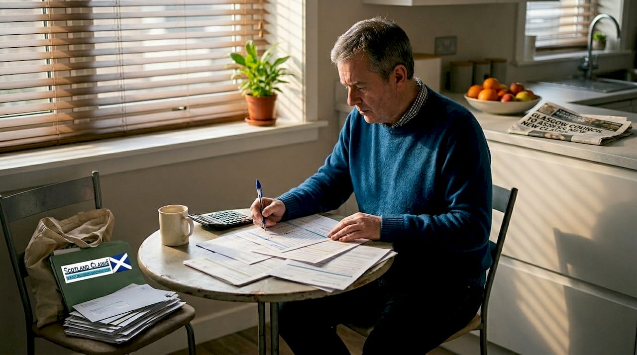 Man checking benefit papers at kitchen table