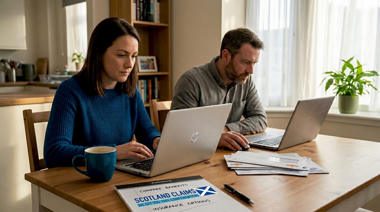 Two people comparing legal websites at home table