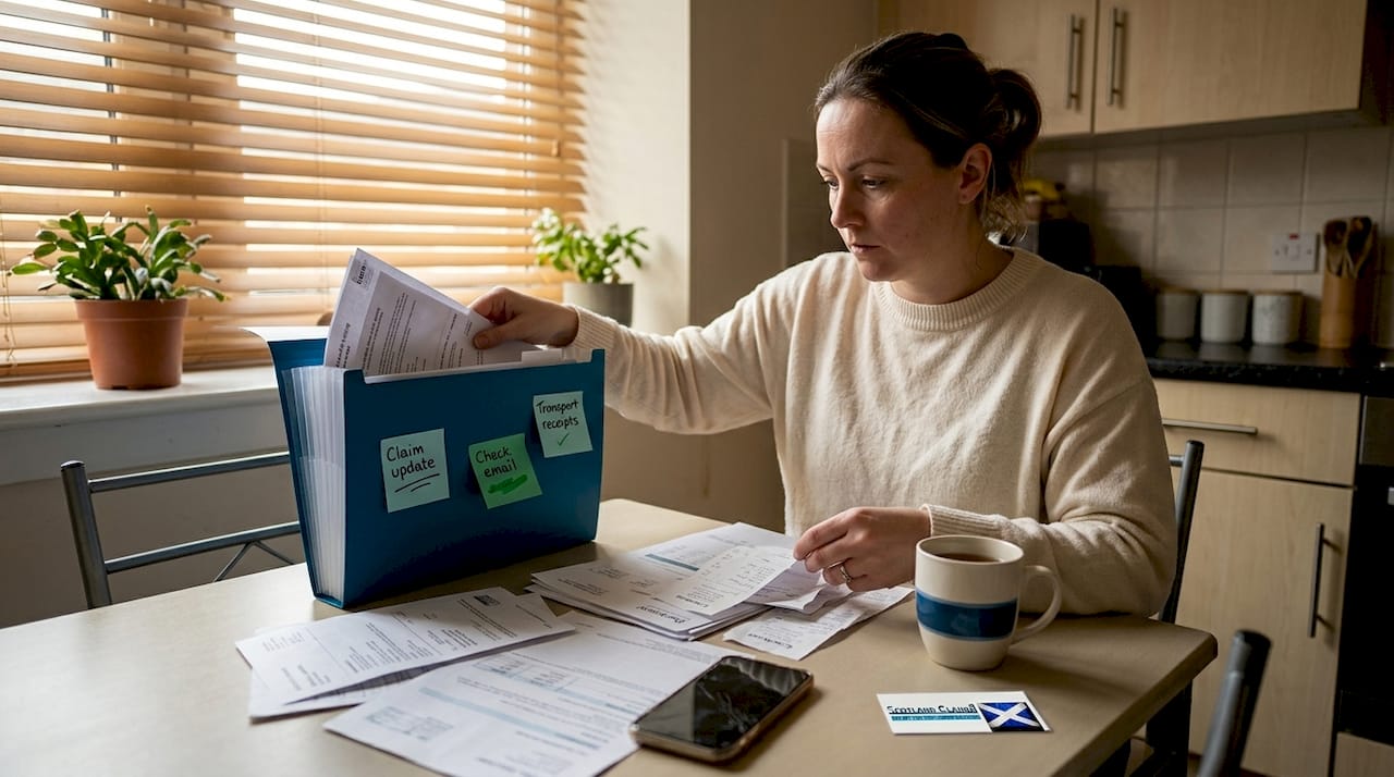 Woman organizing car accident claim folder