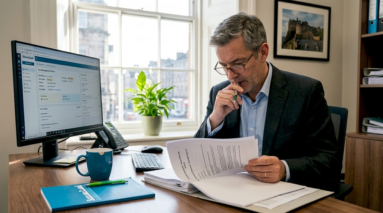 Scottish solicitor reviewing car claim documents