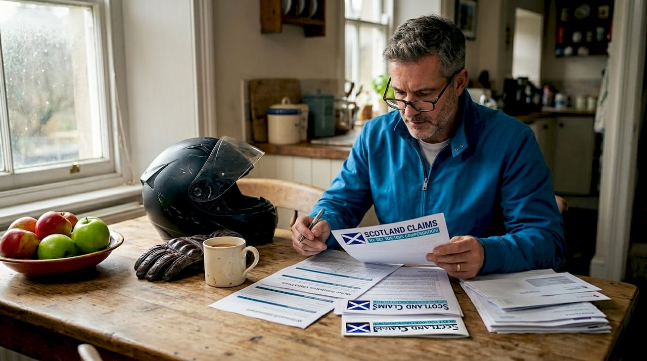 Motorcyclist reviewing accident claim paperwork at kitchen table