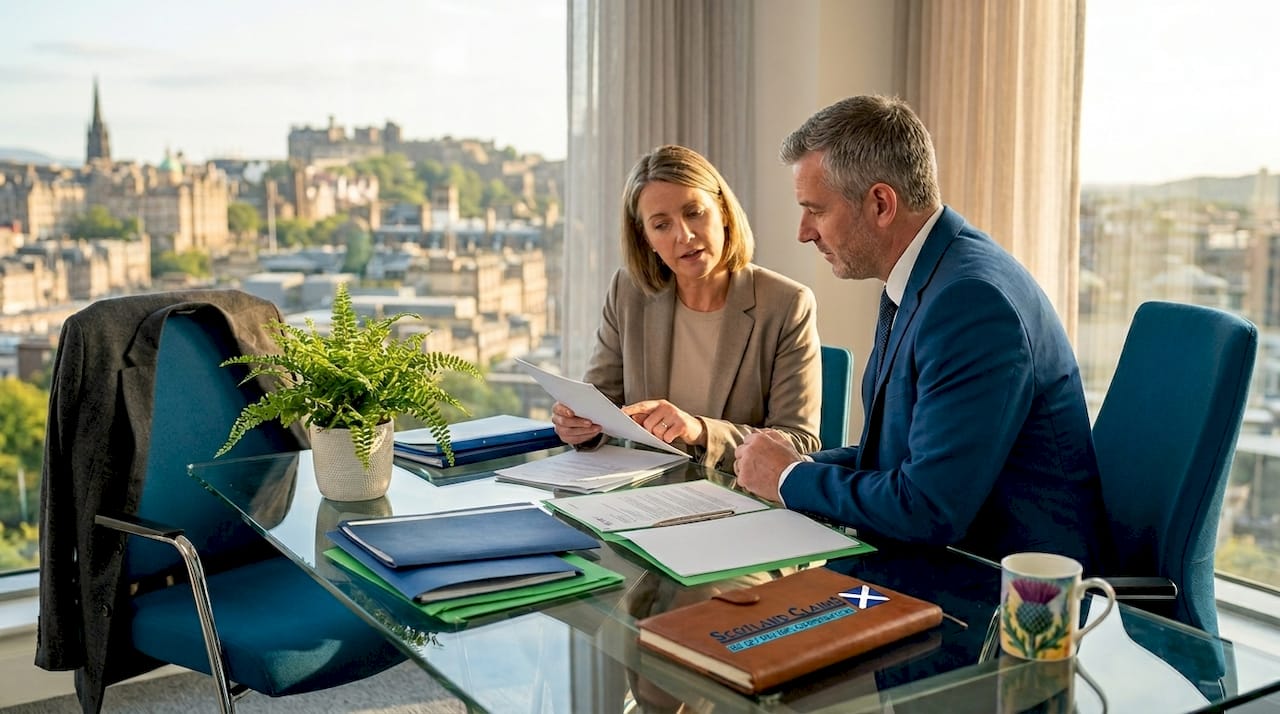 Scottish solicitor advising client in cozy office