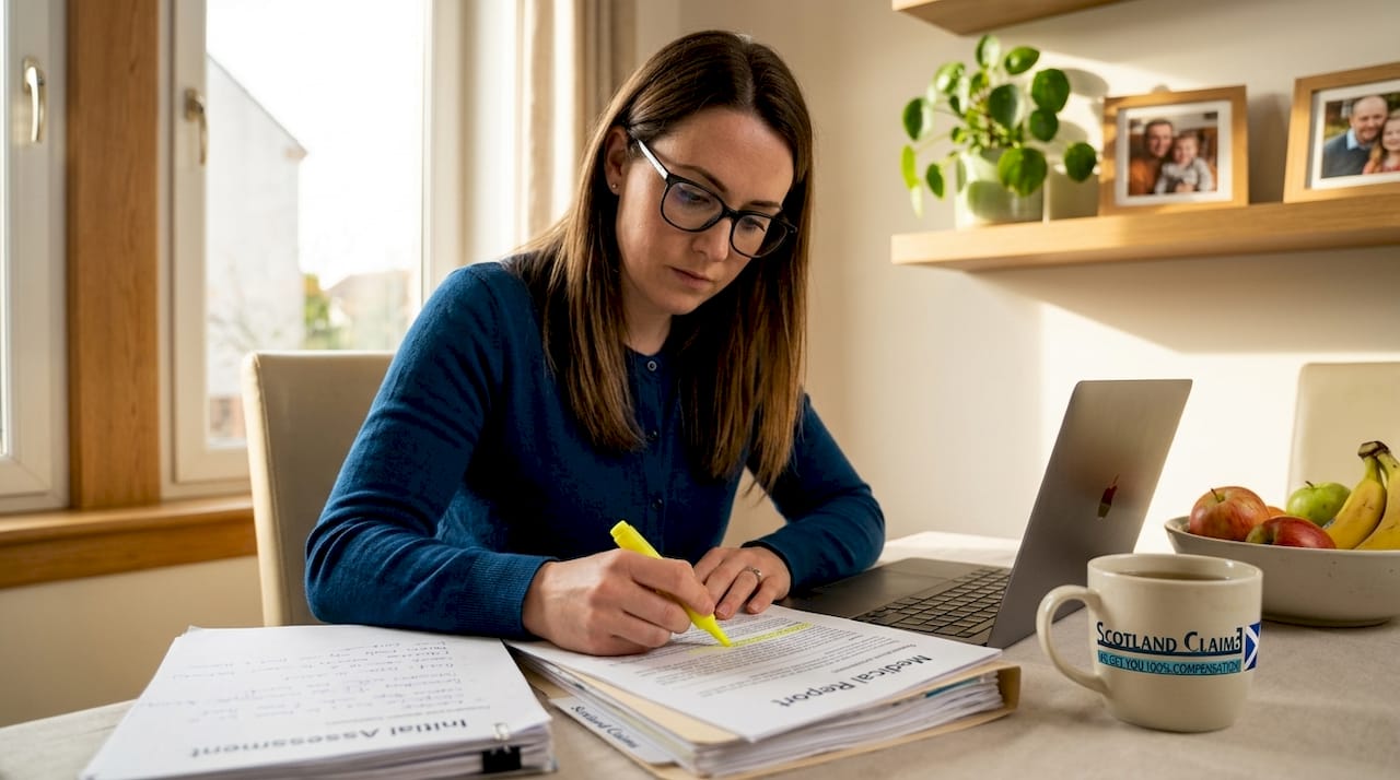 Solicitor annotating case documents at kitchen table