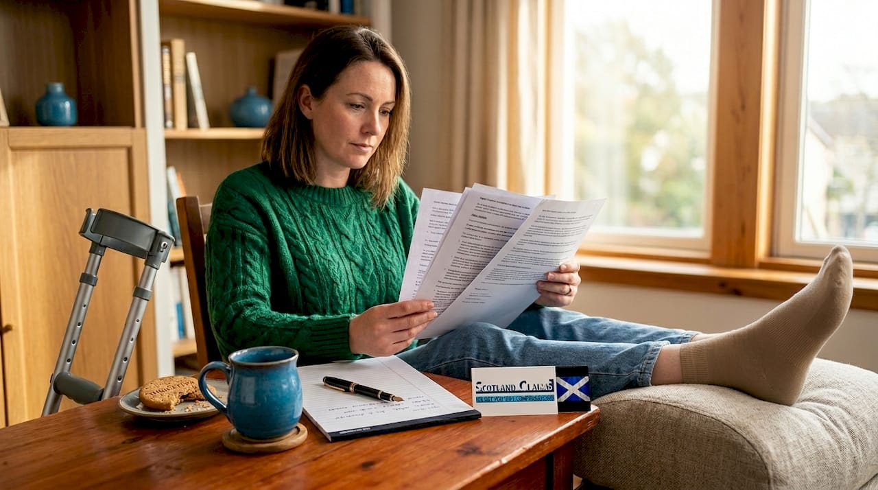 Woman reviewing legal documents at home workspace