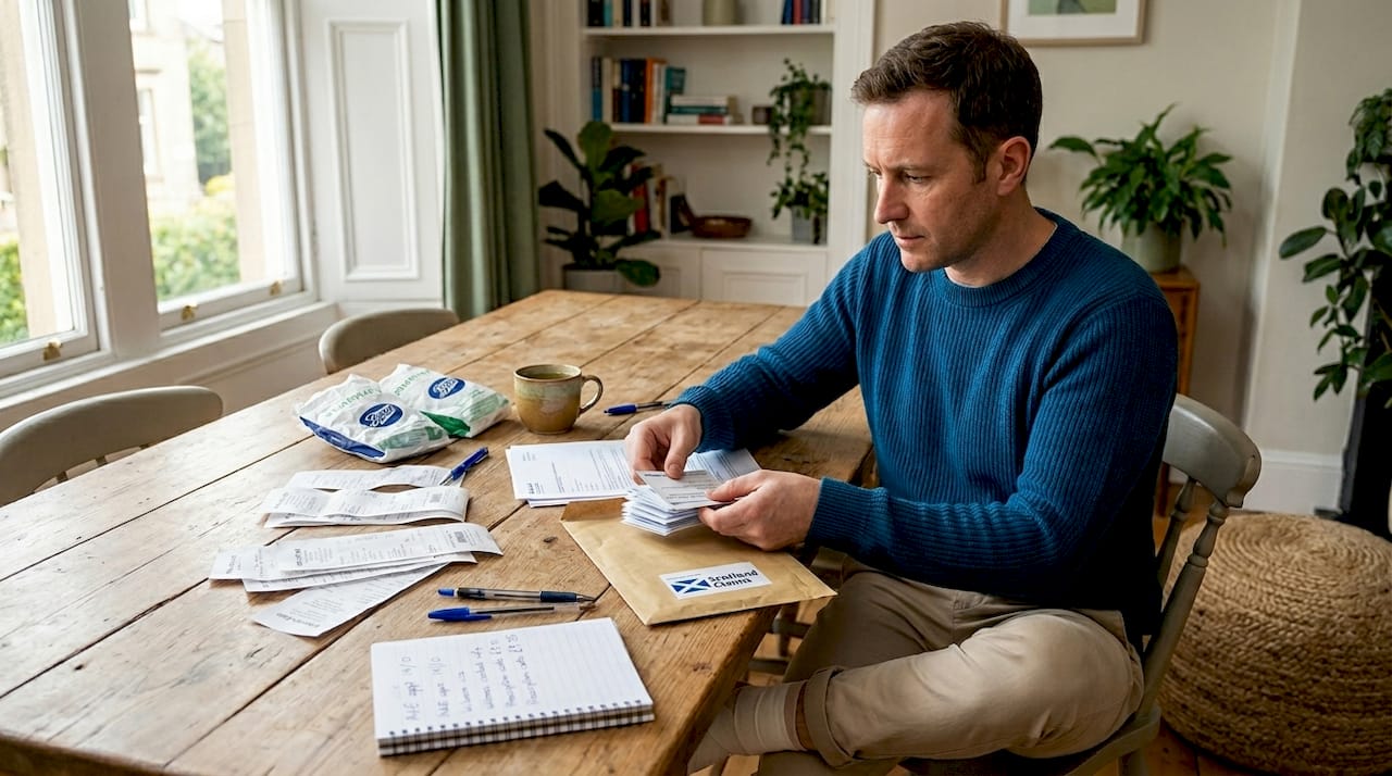 Man organizing injury claim receipts in kitchen