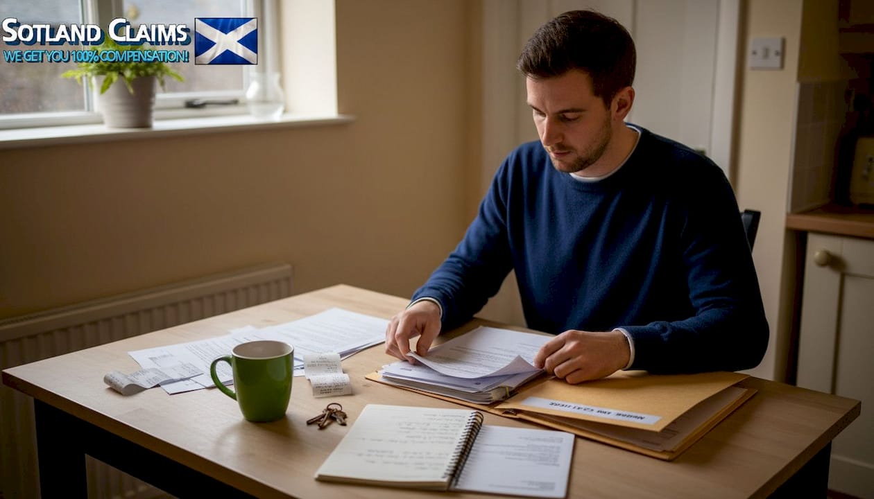 Man organizes knee injury paperwork at kitchen table