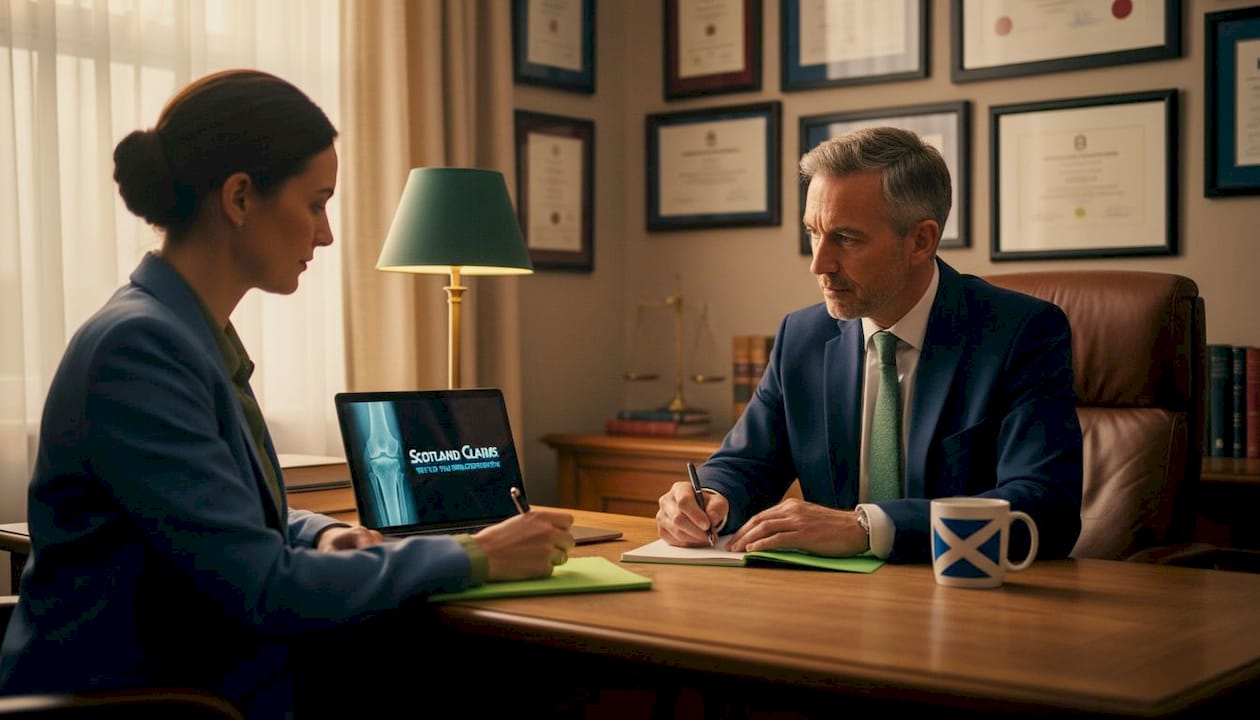 Solicitor and client review knee injury legal documents