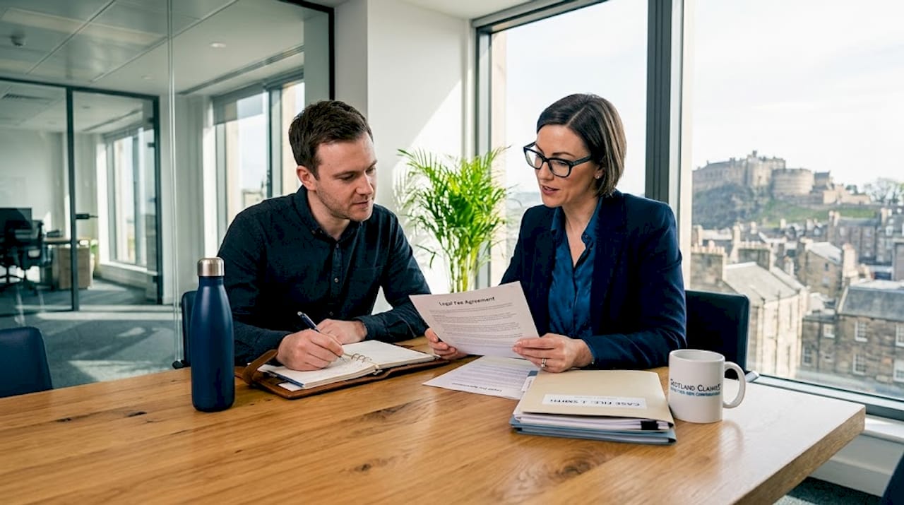 Solicitor and client discussing fees in corner office