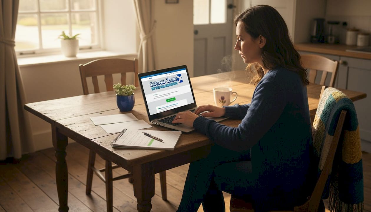 Woman researching injury calculator at kitchen table