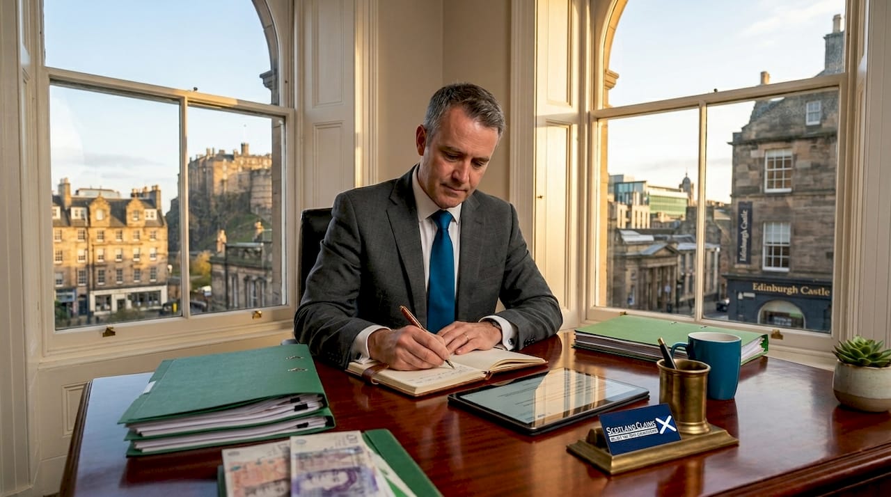 Solicitor reviewing legal documents in office