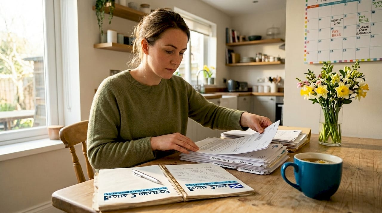 Woman organizing injury claim documents at home
