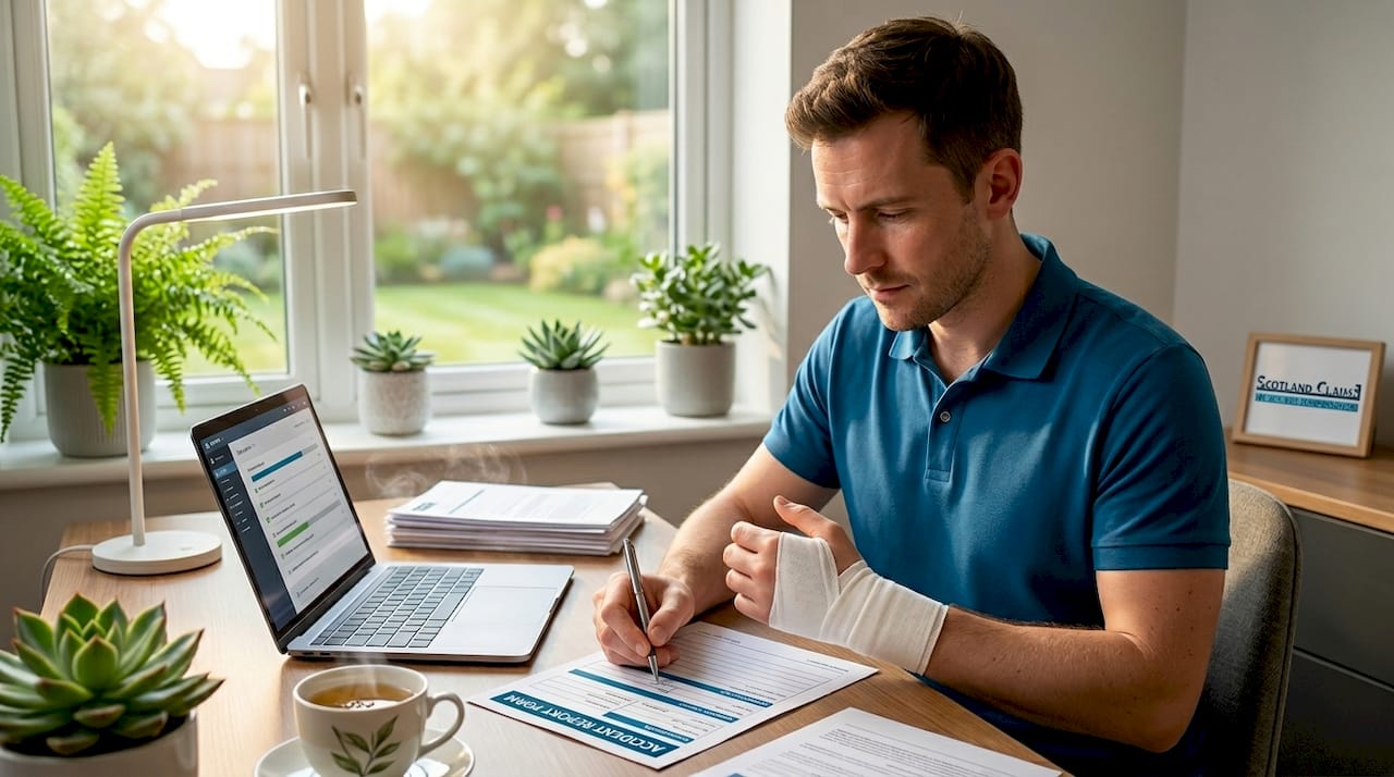 Worker with bandaged wrist filing accident paperwork
