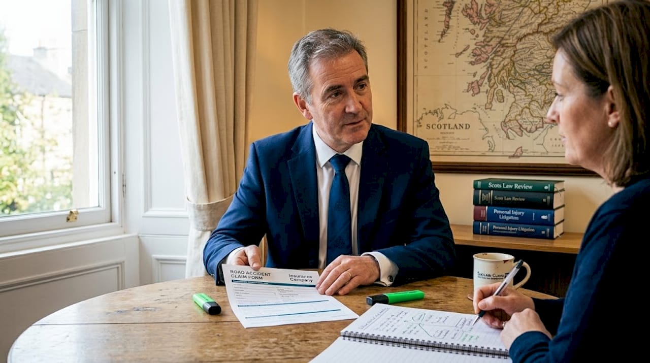 Solicitor discussing car accident claim documents with client