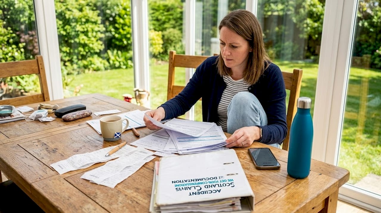 Woman reviewing car accident paperwork at kitchen table