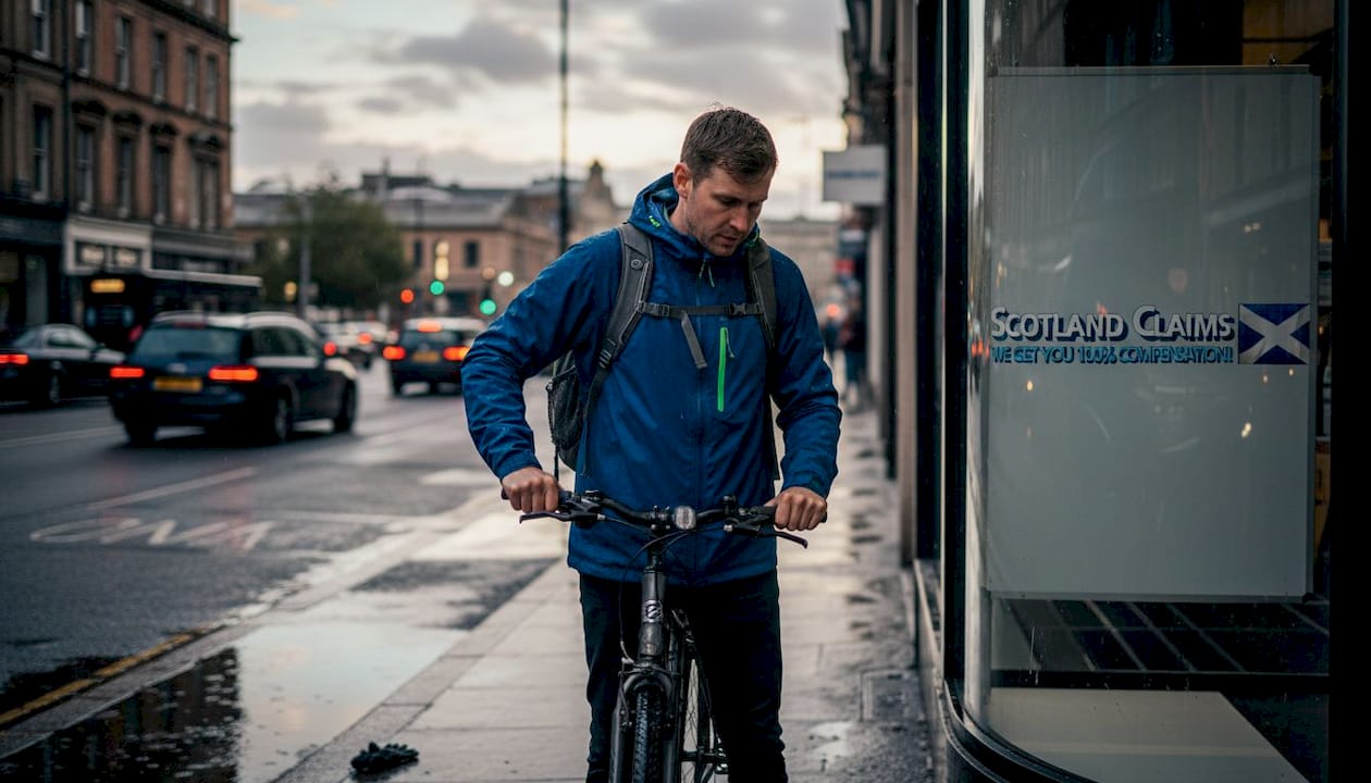 Cyclist pauses with bike on rainy Scottish street
