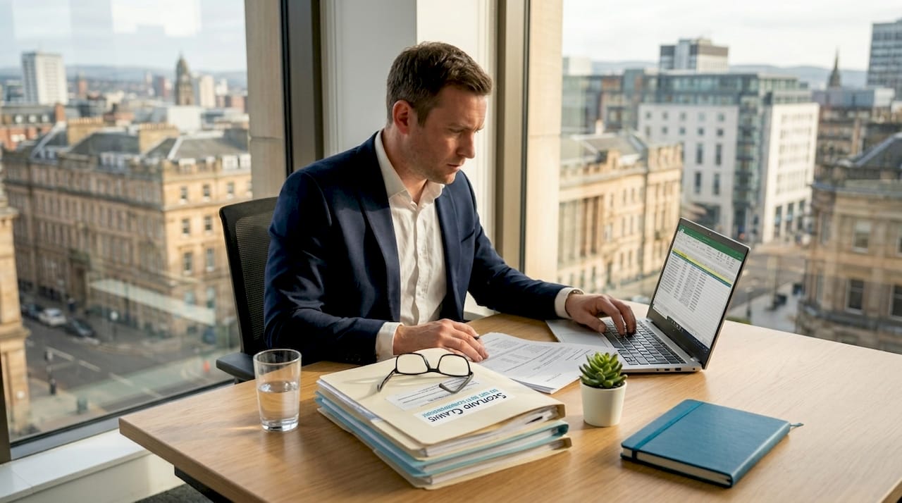 Solicitor reviewing claims in Scottish law office