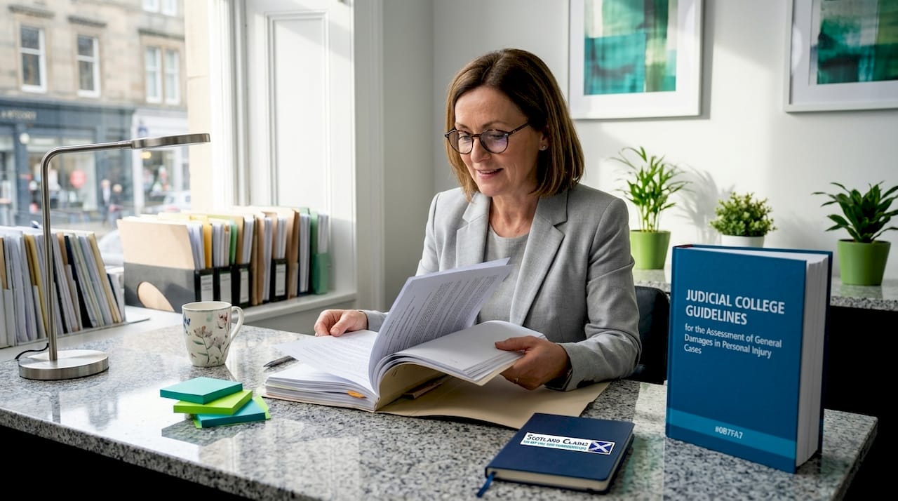 Solicitor reviewing documents in law office