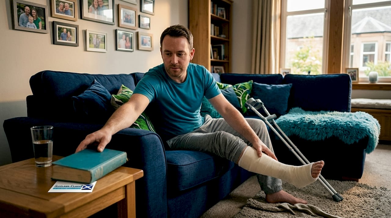 Man adjusting leg cast in casual home setting