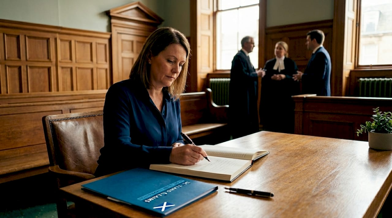 Court clerk recording notes in Scottish courtroom
