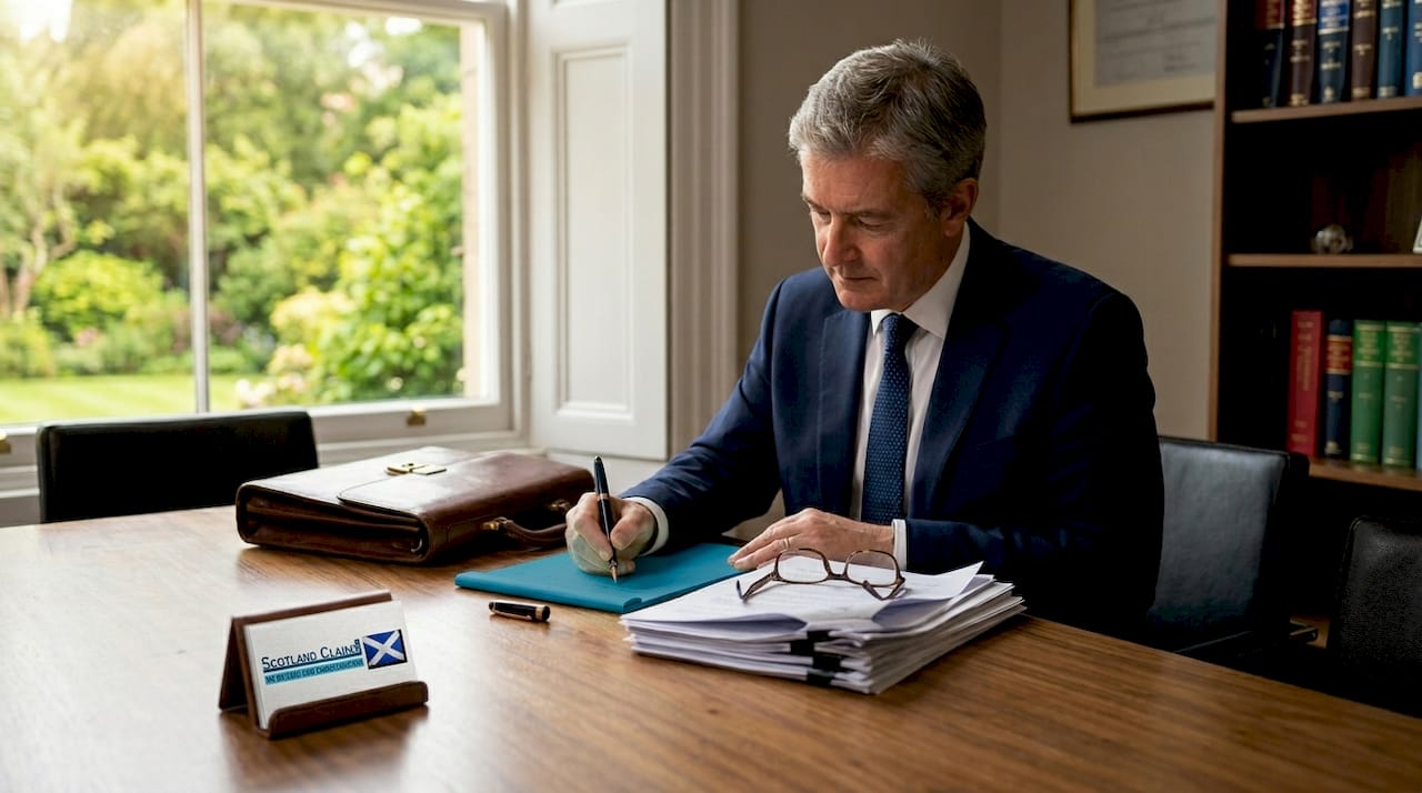 Solicitor reviewing papers in Scottish courtroom