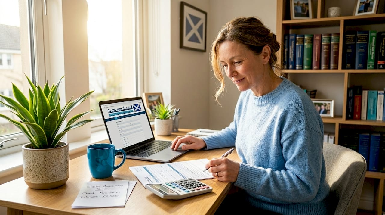 Solicitor reviewing claim form in home office