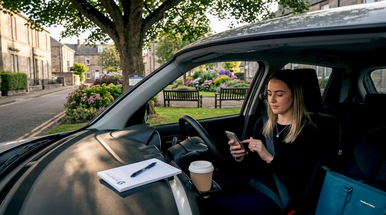 Woman distracted by phone in parked car
