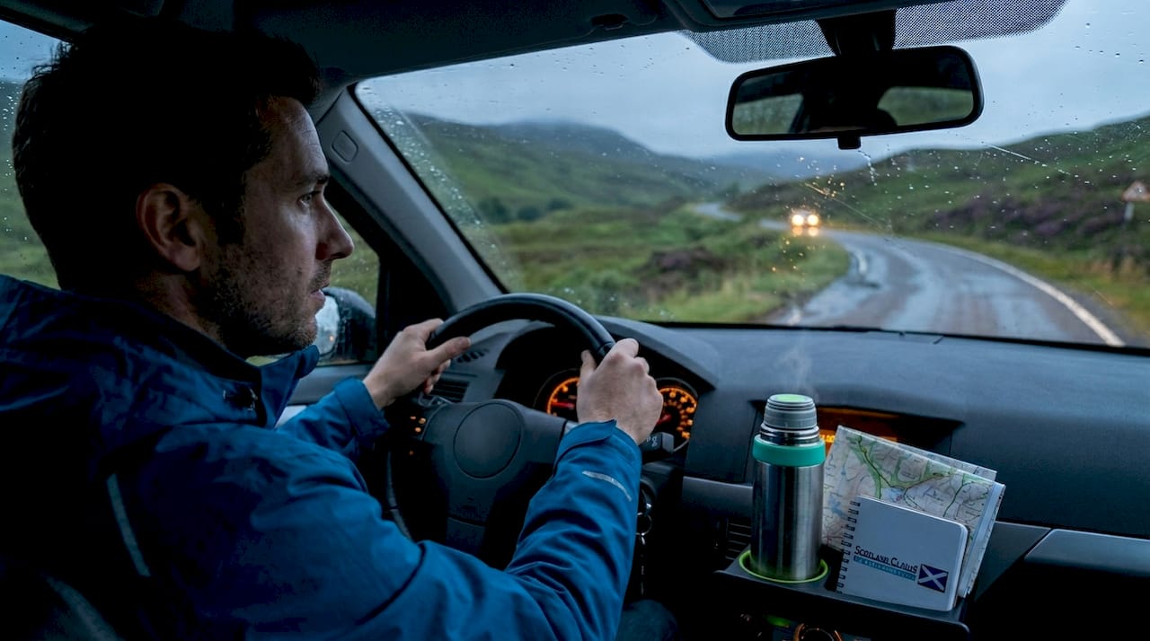 Driver navigating rainy Glasgow city street