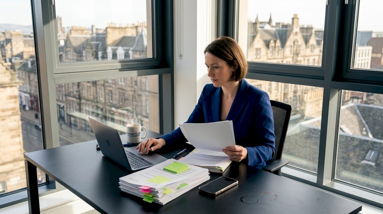 Solicitor reviewing client file in corner office