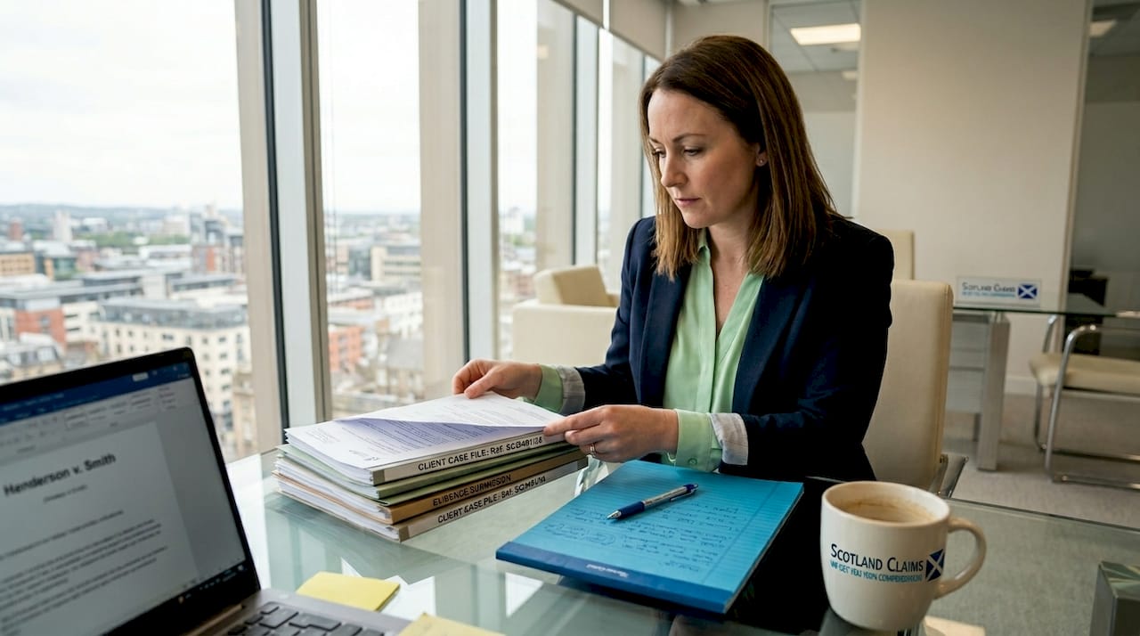 Solicitor reviewing legal documents in bright office