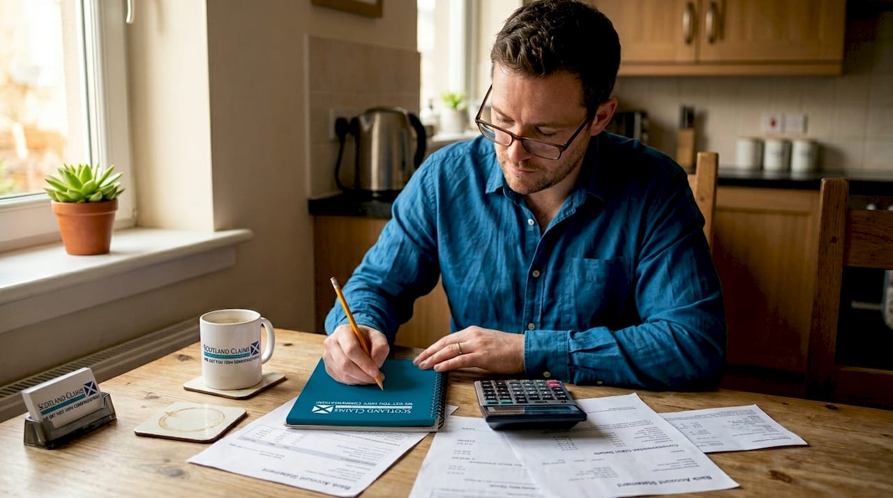 Man calculating compensation on notepad