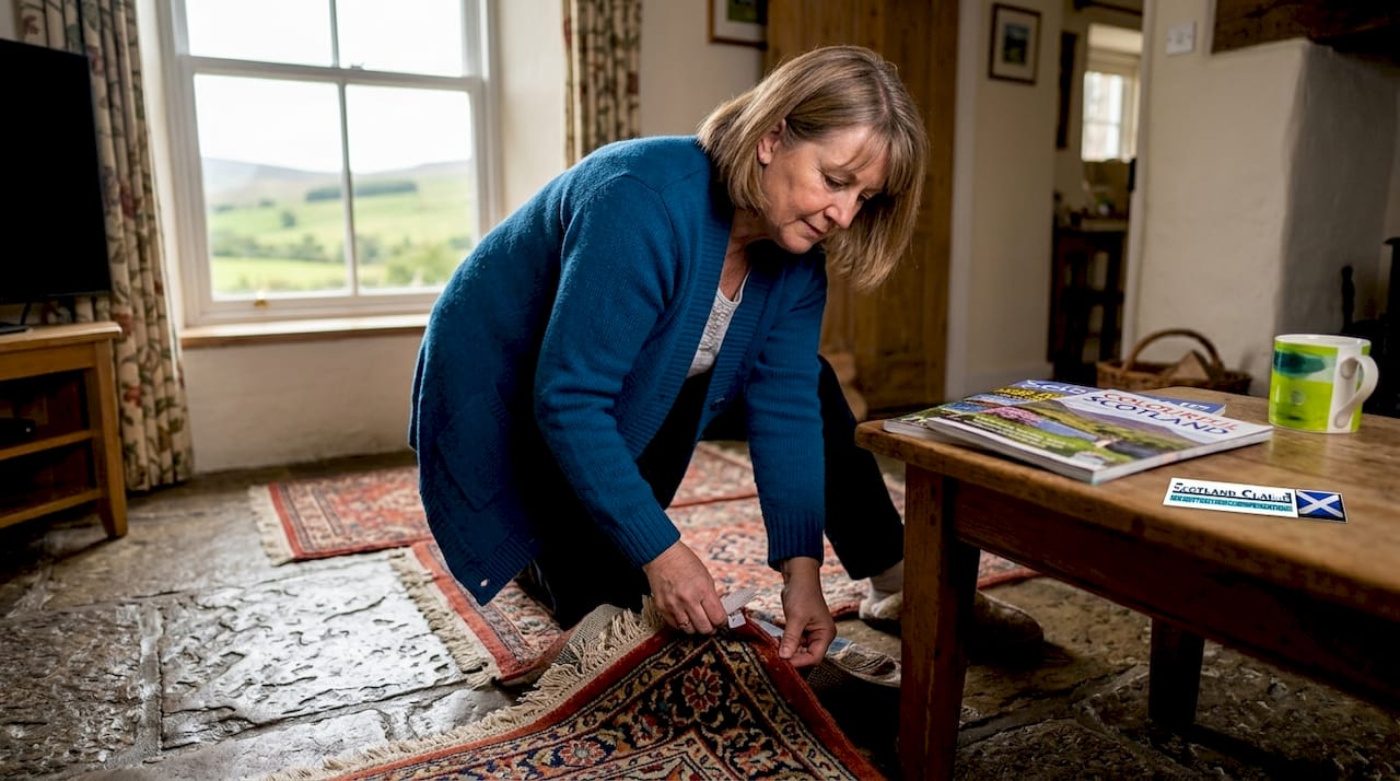 Woman removing rugs to prevent trips at home
