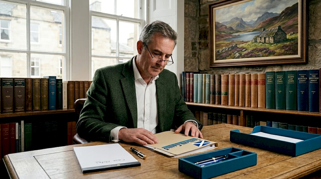Solicitor reviewing client files in Scottish law office