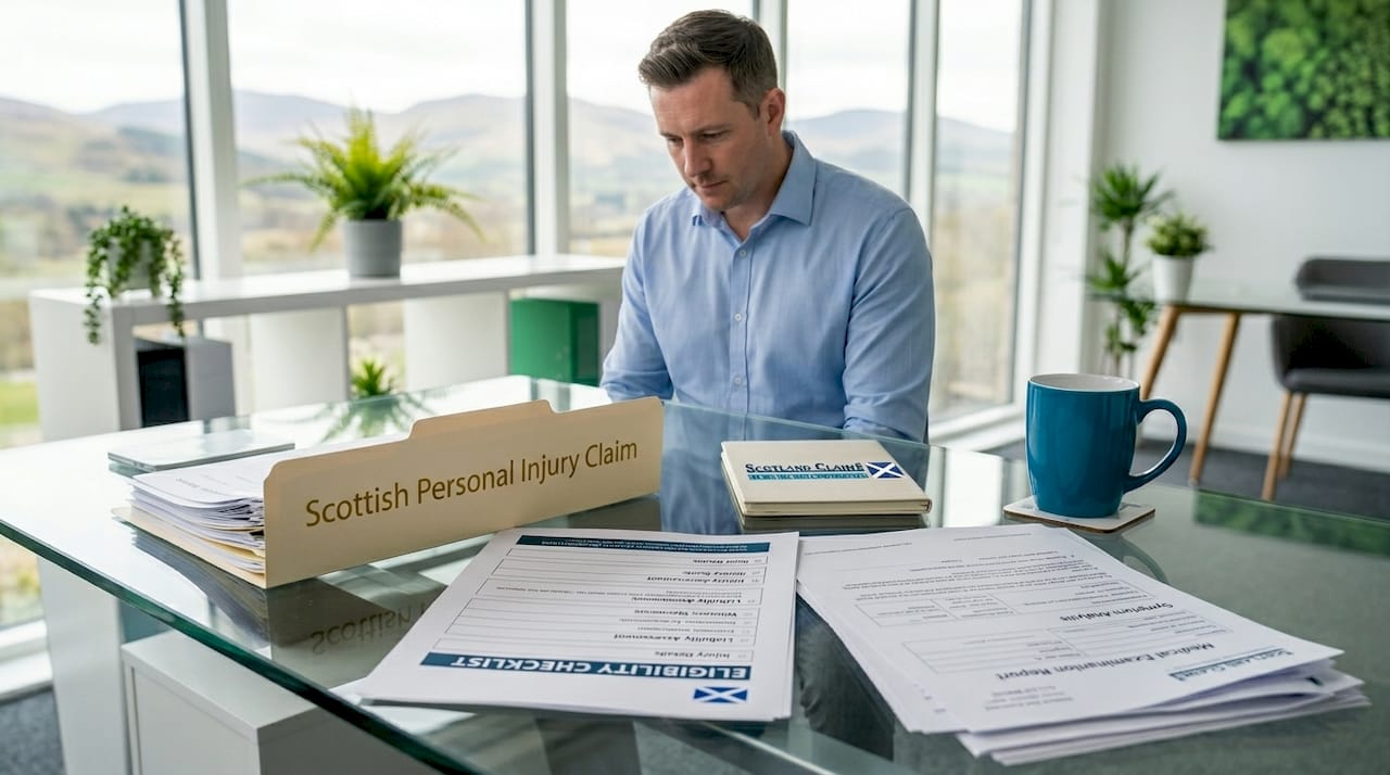 Hands organizing personal injury claim documents on desk