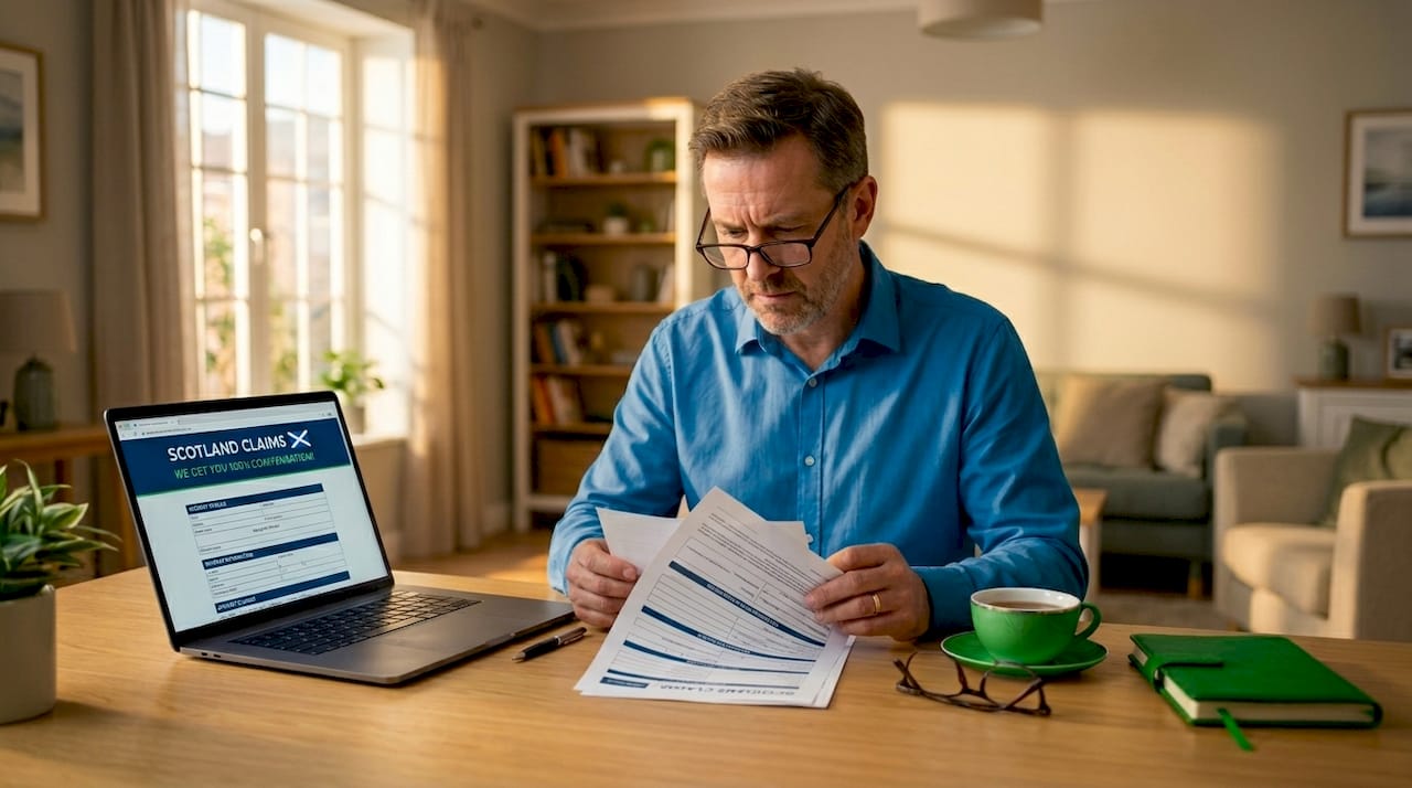 Man reviewing accident claim documents at home office