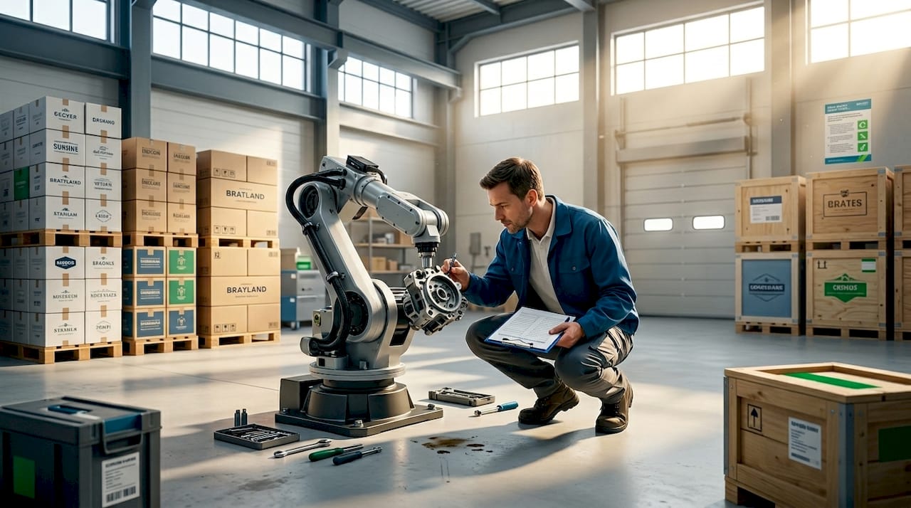 Warehouse worker inspecting machinery for safety